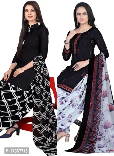 Black  Navy Blue Crepe Printed Dress Material with Dupatta For Women (Combo pack of 2)