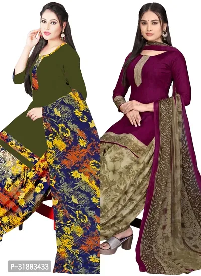 Elegant Multicoloured Cotton Printed Dress Material with Dupatta For Women (Combo Pack of 2)-thumb0