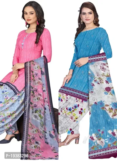 Pink  Blue Crepe Printed Dress Material with Dupatta For Women (Combo pack of 2)