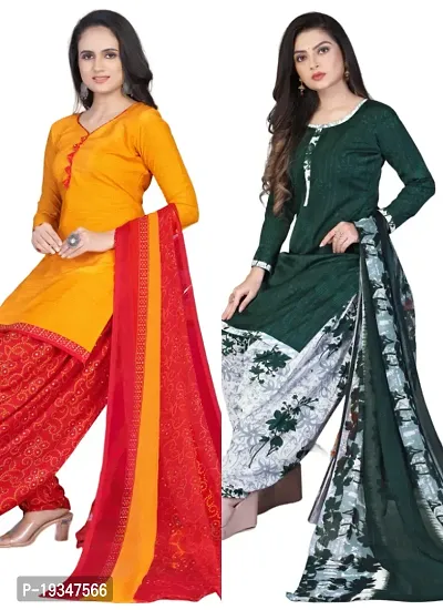 Yellow  Green Crepe Printed Dress Material with Dupatta For Women (Combo pack of 2)