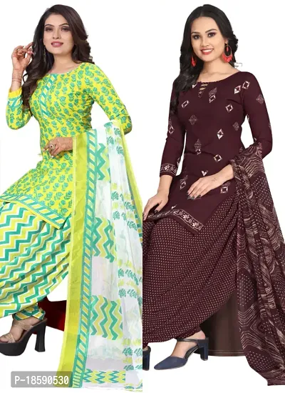 Yellow  Wine Crepe Printed Dress Material with Dupatta For Women (Combo pack of 2)-thumb0