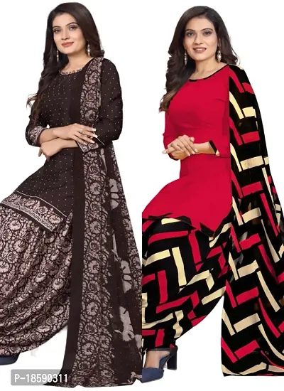 Brown  Red Crepe Printed Dress Material with Dupatta For Women (Combo pack of 2)