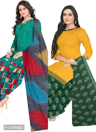 Elegant Multicoloured Cotton Printed Dress Material with Dupatta For Women (Combo Pack of 2)-thumb0