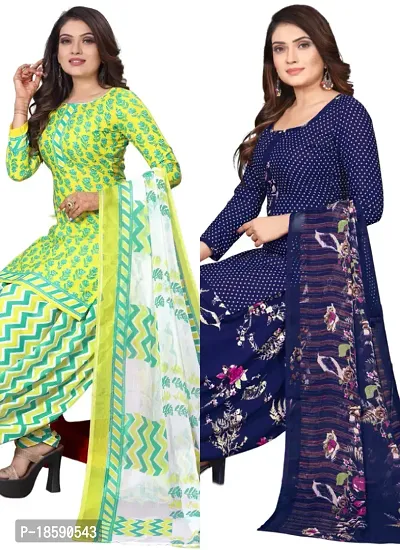 Yellow  Navy Blue Crepe Printed Dress Material with Dupatta For Women (Combo pack of 2)