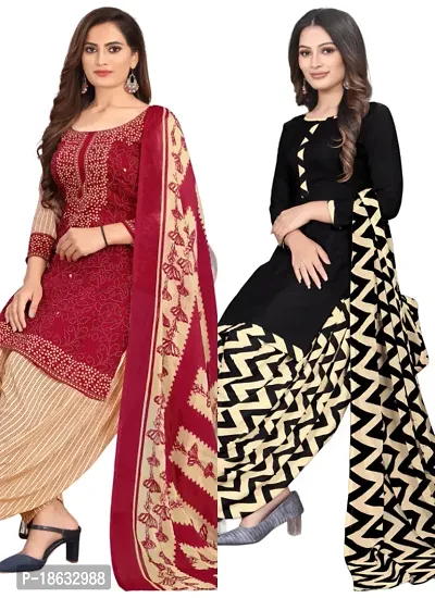 Red  Black Crepe Printed Dress Material with Dupatta For Women (Combo pack of 2)