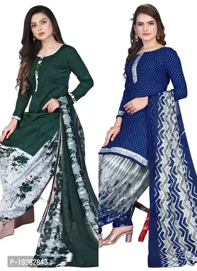 Green  Navy Blue Crepe Printed Dress Material with Dupatta For Women (Combo pack of 2)-thumb0