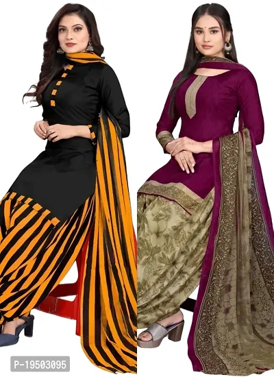 Black  Wine Crepe Printed Dress Material with Dupatta For Women (Combo pack of 2)-thumb0