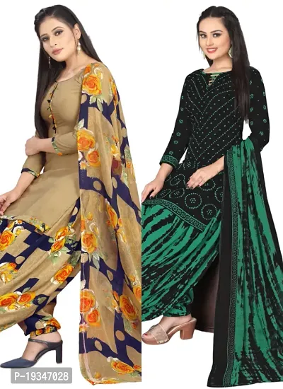 Beige  Black Crepe Printed Dress Material with Dupatta For Women (Combo pack of 2)