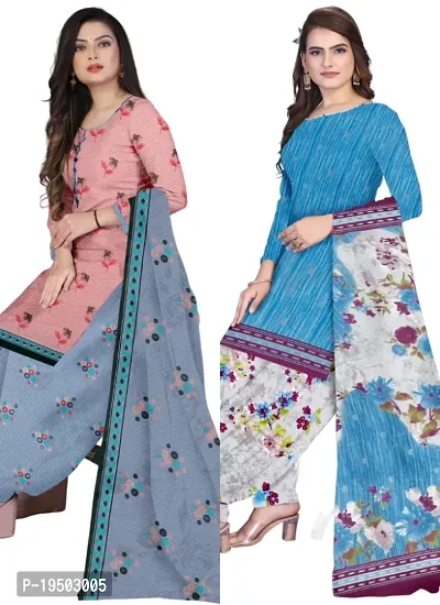 Pink  Blue Crepe Printed Dress Material with Dupatta For Women (Combo pack of 2)