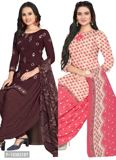 Wine  Pink Crepe Printed Dress Material with Dupatta For Women (Combo pack of 2)