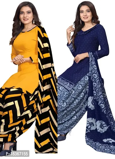 Yellow  Navy Blue Crepe Printed Dress Material with Dupatta For Women (Combo pack of 2)-thumb0