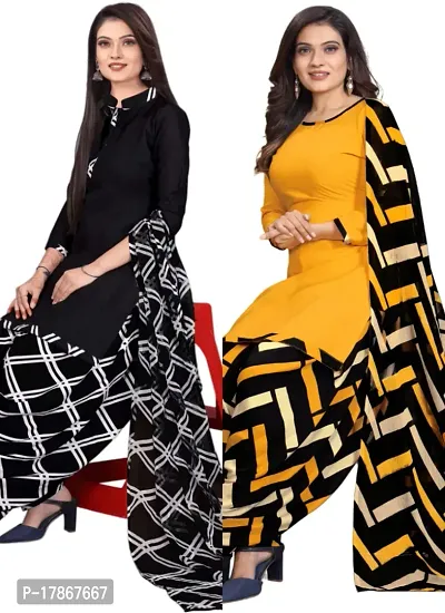 Black  Yellow Crepe Printed Dress Material with Dupatta For Women (Combo pack of 2)-thumb0