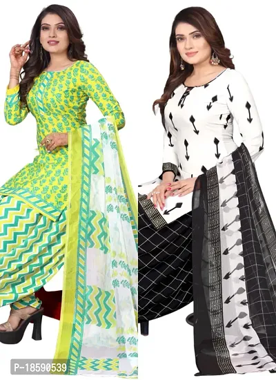 Yellow  White Crepe Printed Dress Material with Dupatta For Women (Combo pack of 2)