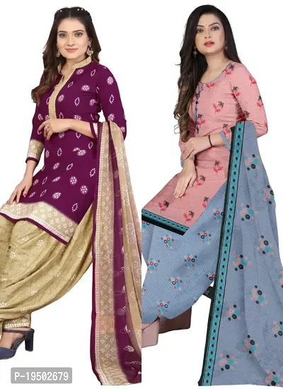 Purple  Pink Crepe Printed Dress Material with Dupatta For Women (Combo pack of 2)