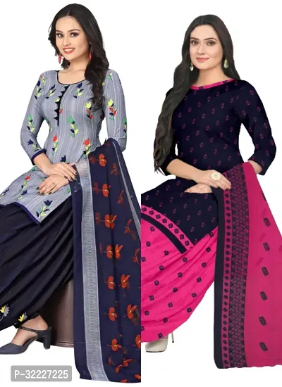 Elegant Multicoloured Cotton Printed Dress Material with Dupatta For Women (Combo Pack of 2)-thumb0