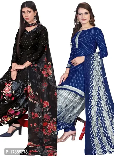 Black  Navy Blue Crepe Printed Dress Material with Dupatta For Women (Combo pack of 2)-thumb0