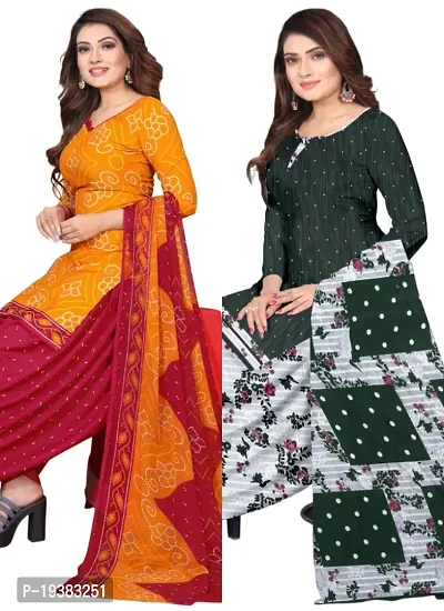 Orange  Green Crepe Printed Dress Material with Dupatta For Women (Combo pack of 2)