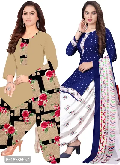 Beige  Navy Blue Crepe Printed Dress Material with Dupatta For Women (Combo pack of 2)-thumb0