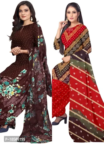 Brown  Multicolor Crepe Printed Dress Material with Dupatta For Women (Combo pack of 2)