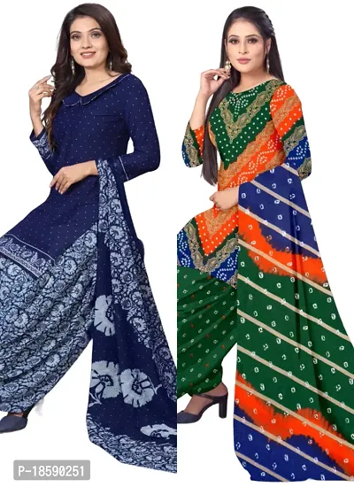 Navy Blue  Multicolor Crepe Printed Dress Material with Dupatta For Women (Combo pack of 2)