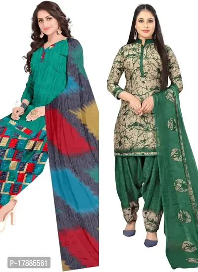 Turquoise  Beige Crepe Printed Dress Material with Dupatta For Women (Combo pack of 2)-thumb0