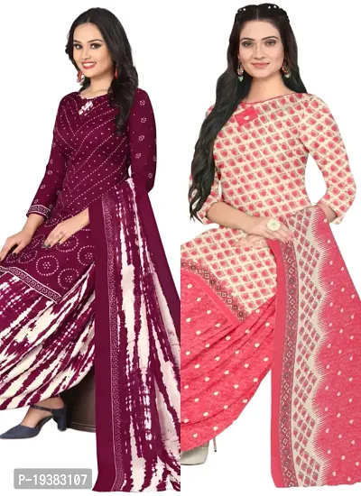 Maroon  Pink Crepe Printed Dress Material with Dupatta For Women (Combo pack of 2)-thumb0