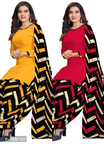 Yellow  Red Crepe Printed Dress Material with Dupatta For Women (Combo pack of 2)