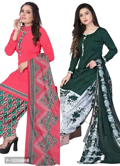 Pink  Green Crepe Printed Dress Material with Dupatta For Women (Combo pack of 2)