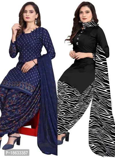 Navy Blue  Black Crepe Printed Dress Material with Dupatta For Women (Combo pack of 2)-thumb0