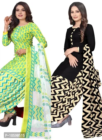 Yellow  Black Crepe Printed Dress Material with Dupatta For Women (Combo pack of 2)