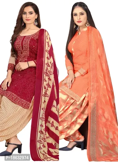 Red  Orange Crepe Printed Dress Material with Dupatta For Women (Combo pack of 2)