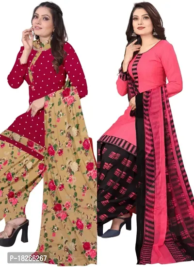 Red  Pink Crepe Printed Dress Material with Dupatta For Women (Combo pack of 2)