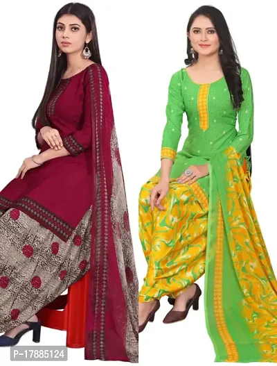 Maroon  Green Crepe Printed Dress Material with Dupatta For Women (Combo pack of 2)