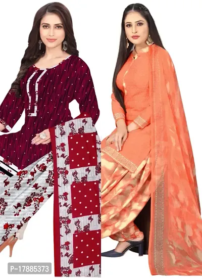 Maroon  Orange Crepe Printed Dress Material with Dupatta For Women (Combo pack of 2)-thumb0