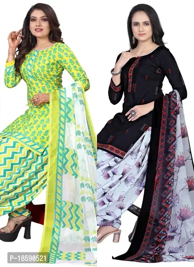 Yellow  Navy Blue Crepe Printed Dress Material with Dupatta For Women (Combo pack of 2)