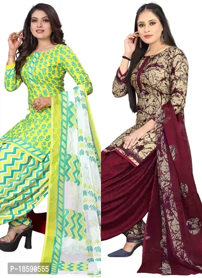 Yellow  Beige Crepe Printed Dress Material with Dupatta For Women (Combo pack of 2)-thumb0