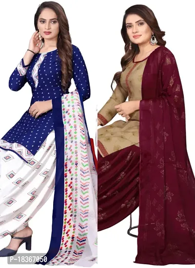 Navy Blue  Beige Crepe Printed Dress Material with Dupatta For Women (Combo pack of 2)