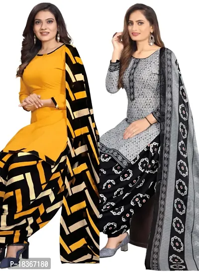 Yellow  Grey Crepe Printed Dress Material with Dupatta For Women (Combo pack of 2)-thumb0
