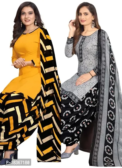 Yellow  Grey Crepe Printed Dress Material with Dupatta For Women (Combo pack of 2)