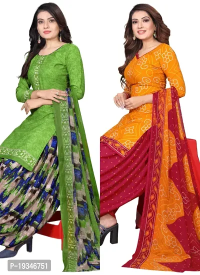 Green  Orange Crepe Printed Dress Material with Dupatta For Women (Combo pack of 2)-thumb0