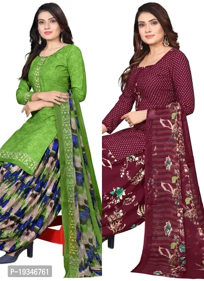 Green  Maroon Crepe Printed Dress Material with Dupatta For Women (Combo pack of 2)-thumb0