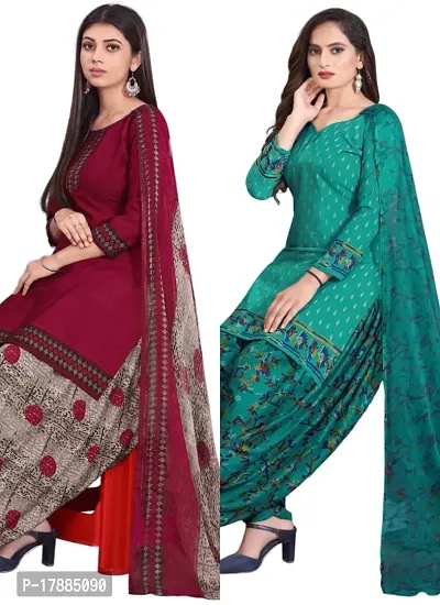 Maroon  Teal Crepe Printed Dress Material with Dupatta For Women (Combo pack of 2)-thumb0