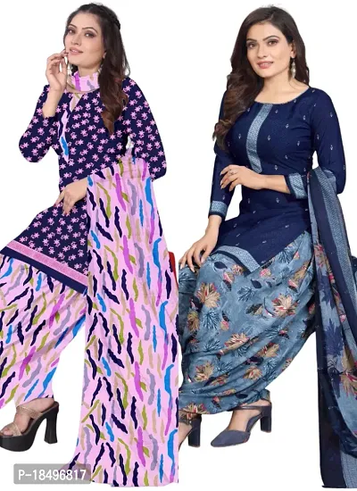 Blue  Blue Crepe Printed Dress Material with Dupatta For Women (Combo pack of 2)