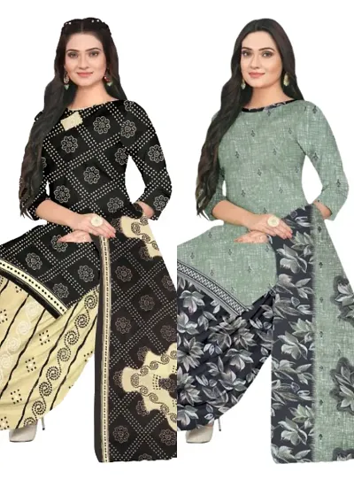 Stylish Cotton Blend Printed Unstitched Suits - Pack Of 2