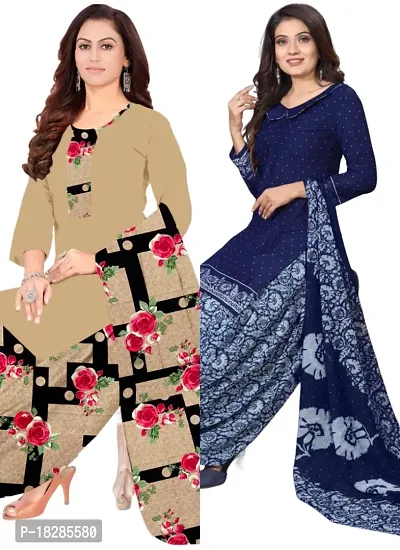 Beige  Navy Blue Crepe Printed Dress Material with Dupatta For Women (Combo pack of 2)-thumb0