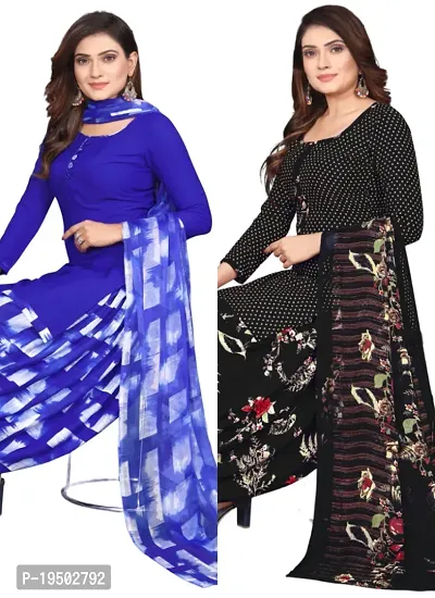 Blue  Black Crepe Printed Dress Material with Dupatta For Women (Combo pack of 2)