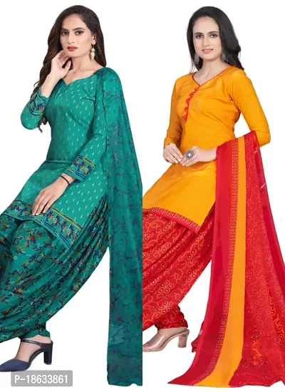 Teal  Yellow Crepe Printed Dress Material with Dupatta For Women (Combo pack of 2)-thumb0