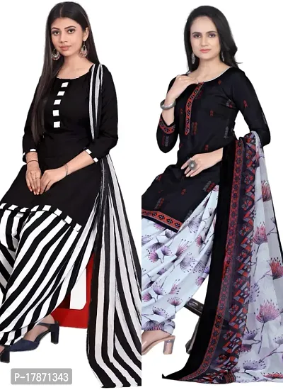 Black  Navy Blue Crepe Printed Dress Material with Dupatta For Women (Combo pack of 2)