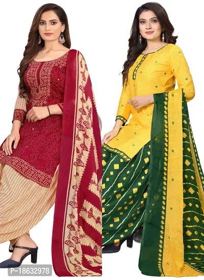 Red  Yellow Crepe Printed Dress Material with Dupatta For Women (Combo pack of 2)