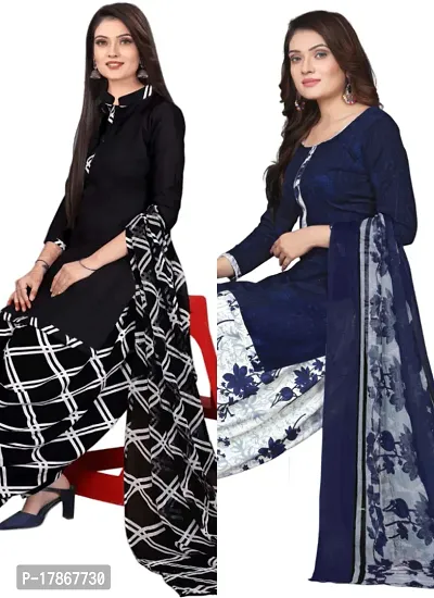 Black  Navy Blue Crepe Printed Dress Material with Dupatta For Women (Combo pack of 2)